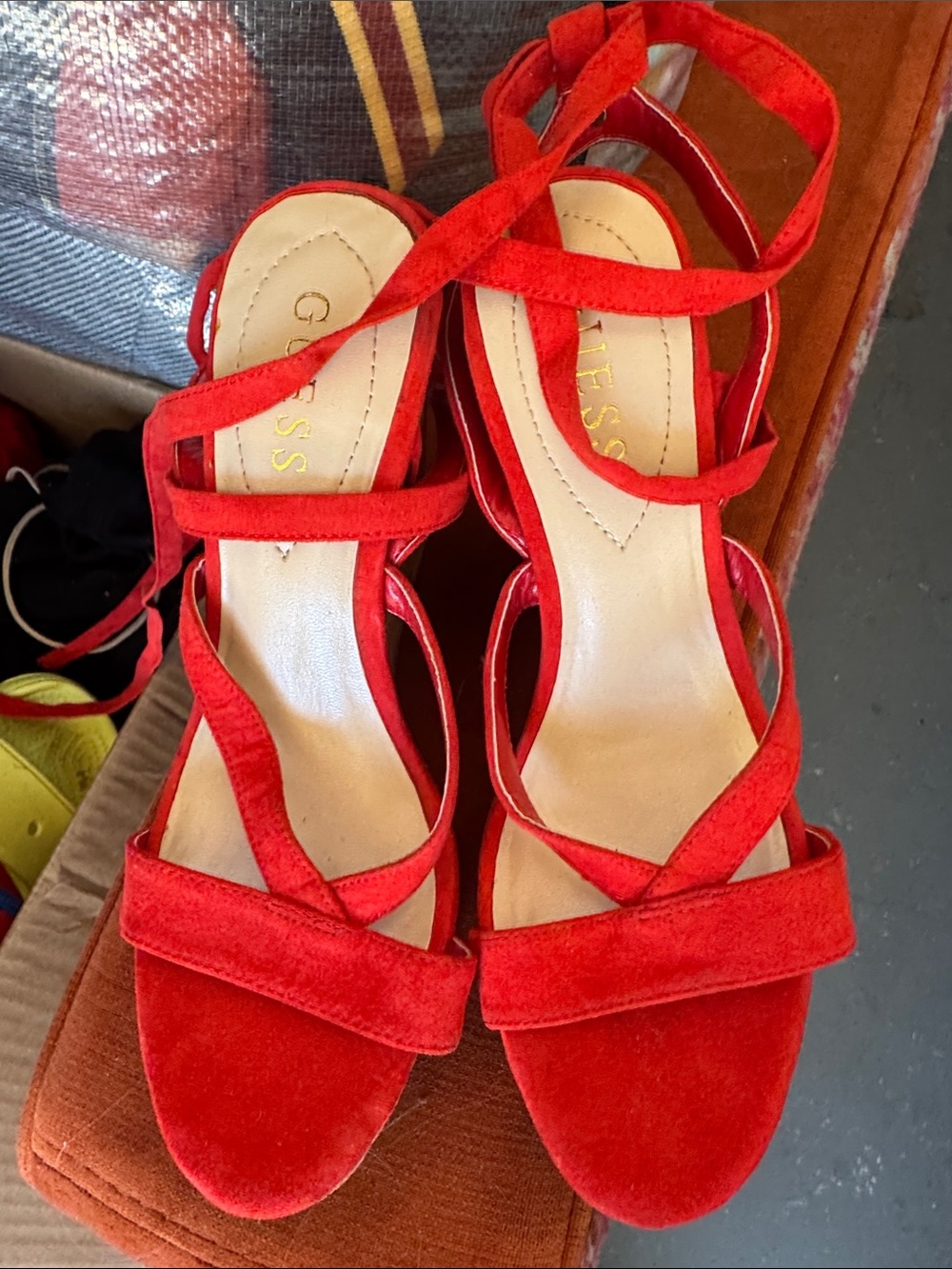 GUESS Vibrant Red Suede Strappy Block Heels